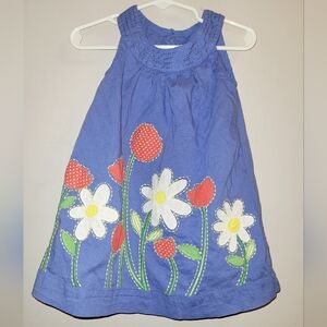 🌷 Baby Boden Blue Pick Stitched Toddler Dress w/ Daisy & Tulip Appliquees 18 2T